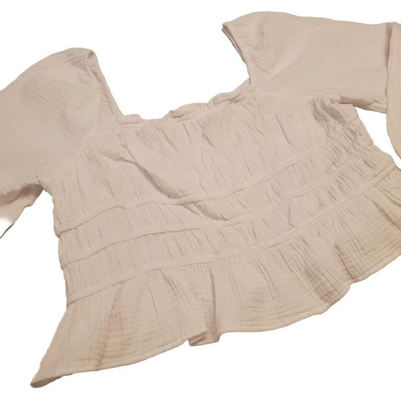 Slub Cotton White Cropped Peasant Top Balloon Sleeve Sz L - Picture 3 of 6